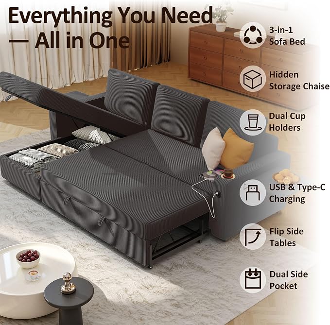 Ball & Cast 80" Sectional Sleeper Sofa Bed Pull Out Couches for Living Room | L Shaped Convertible Pull Out Sofa Bed with Storage Chaise, Foldable Table, USB Port, Cup Holder, Side Pocket for Small Space