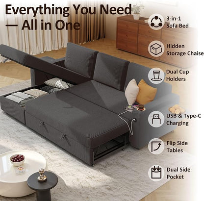 Ball & Cast 80" Sectional Sleeper Sofa Bed Pull Out Couches for Living Room | L Shaped Convertible Pull Out Sofa Bed with Storage Chaise, Foldable Table, USB Port, Cup Holder, Side Pocket for Small Space