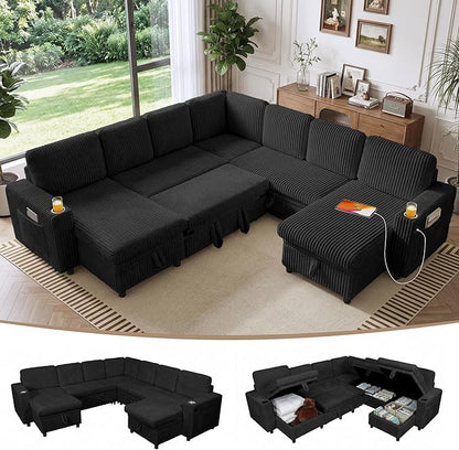 Modular Sectional Sleeper Sofa with Pull Out Bed, Plush Corduroy L Shaped Couch with Storage Chaise, USB Ports, Cup Holders, Comfy Cloud Couches for Living Room, Black