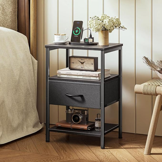 SUPERJARE Nightstand with Charging Station, Bed Side Table with Adjustable Fabric Drawer, Night Stand for Bedroom, 3-Tier Storage End Table, for Living Room, Black