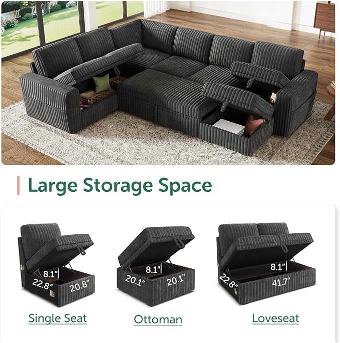 HONBAY Modular Sectional Sleeper Sofa with Pull Out Bed,Corduroy U Shaped Couch with Storage, Sectional Couches for Living Room,Dark Grey