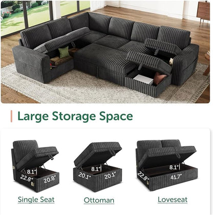 HONBAY Modular Sectional Sleeper Sofa with Pull Out Bed,Corduroy U Shaped Couch with Storage, Sectional Couches for Living Room,Dark Grey