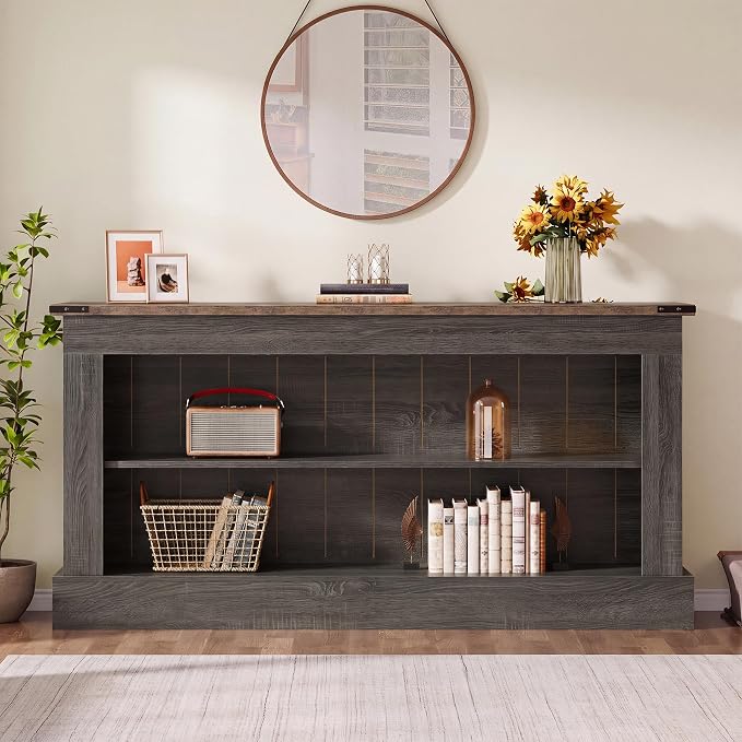 Tribesigns 63-Inch Long Console Table for Entryway, Narrow Long Entry Table with Shelves for Living Room, Farmhouse Sofa Console Behind Couch, for Foyer, Hallway, Gray and Brown