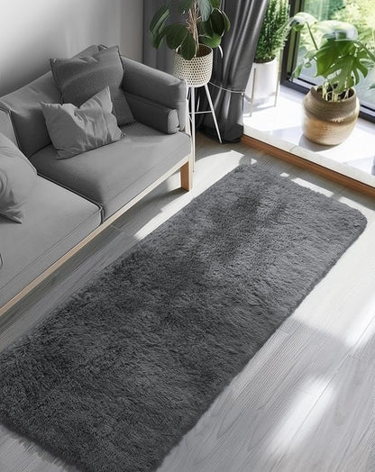 Ophanie Runner Rug for Hallway, 3x8 Washable Non-Slip Fluffy Soft Bedside Rugs, Bedroom Living Room Shaggy Carpet for Kids Girls Boys Dorm Nursery Decor Aesthetic, Grey with Over 99 pcs Pile fibers