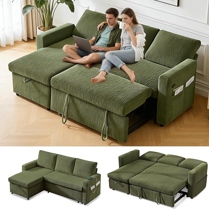 WEUP 82" L Shaped Sectional Sleeper Sofa Bed with Pull Out Bed, Sectional Sleeper Couch Pull Out Couch with Reclining Backrest/Reversible Storage Chaise/USB Ports/Tool-Free Assembly, Corduroy Green