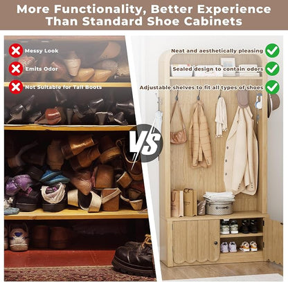 Narrow Hall Tree with Bench and Shoe Storage, Arched Entryway Coat Rack with Adjustable Shoe Cabinet,8 Hooks, Modern Rustic Mudroom Storage Organizer with Scalloped Wave Fluted Doors (Nature Oak)