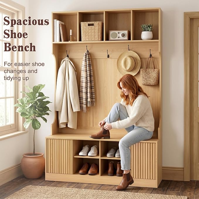 Hall Tree with Bench and Shoe Storage, 5-in-1 Entryway Coat Rack with LED Sensor Light, Hooks and Storage Cubes, Shoe Cabinet with Fluted Door, Modern Hall Tree for Entryway, Living Room