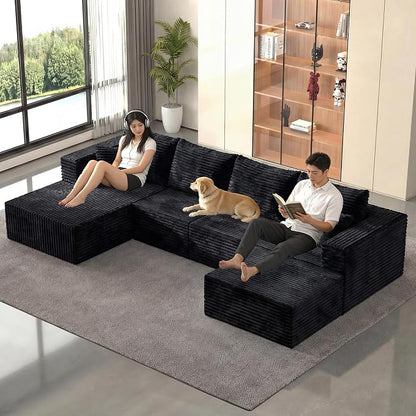 138" Modern Modular Sectional Sofa, U-Shaped Cloud Couch, Soft Corduroy Boneless Couch with 3060 High Rebound Memory Foam, Sectional Couches for Living Room-Black(Left Facing Chaise)