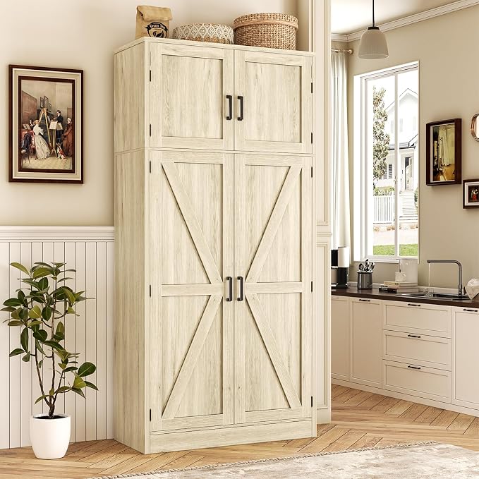 Unikito 71” Farmhouse Storage Cabinet, Large Kitchen Pantry Storage Cabinet with Adjustable Shelves and Barn Doors, Versatile Tall Storage Cupboard for Dinning Room, Bathroom, Living Room, Wash Gray