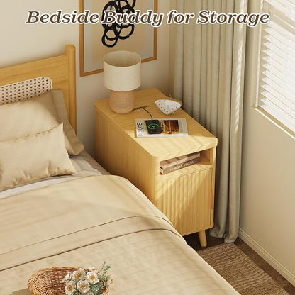 Huuger Narrow Nightstand with Charging Station, USB-C Port, Set of 2 Night Stand, Fluted End Table with Storage Cabinet, Back Rack, Side Table for Small Spaces, 13.4×23.6 Inch, Natural