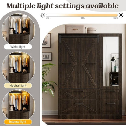 PAKASEPT Armoire Wardrobe Closet with w/Folding Sliding Barn Door | Bedroom Armoires with Mirror and LED Lights, Hanging Rod, Wardrobe Closet for Bedroom (6 Doors)