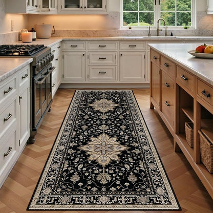RELEANY Area Rugs Runner 3'x8' Washable Non-Slip, Floral Vintage Distress Medallion Carpet for Kitchen Hallway Bedroom Beside Laundry Room Bathroom, Black Brown Neutral Dark Tan