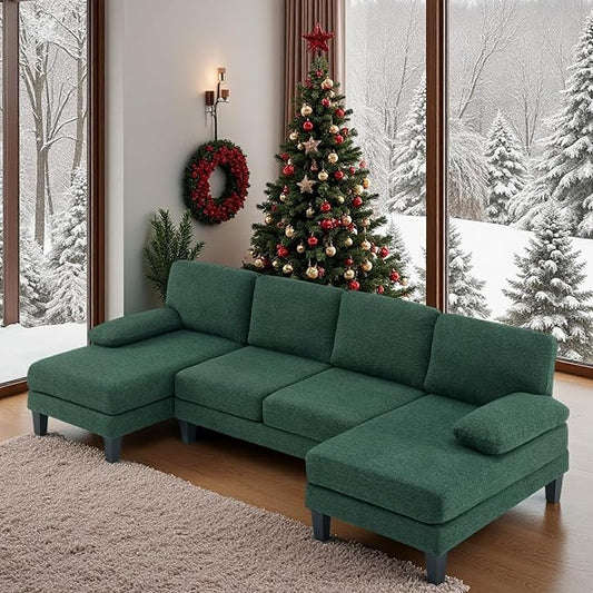 VINGLI 110' U-Shaped Sectional Couch with Two Chaise, Affordable Small Sofa with 4 Seats, Chenille Fabric Comfy Couches for Living Room, Dark Green
