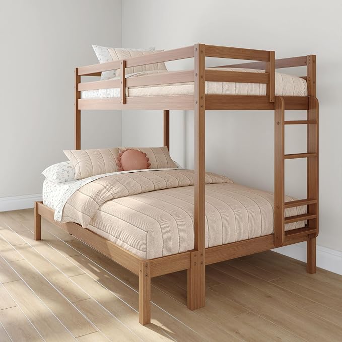 Grain & Grove Bear Twin Over Full Bunk Bed, Sturdy Bunk Bed Frame for Kids, Plywood Bunk with Ladder, Guardrail, and Slats, No Box Spring Required, Oak Embossed Pecan