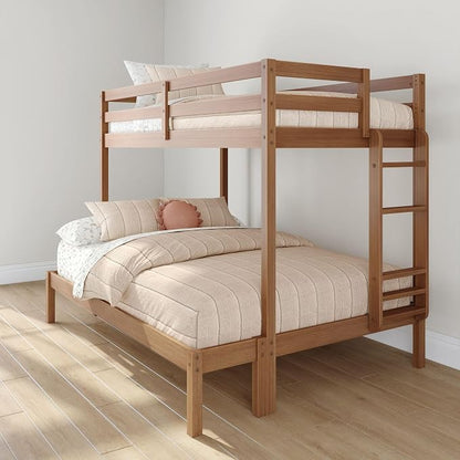 Grain & Grove Bear Twin Over Full Bunk Bed, Sturdy Bunk Bed Frame for Kids, Plywood Bunk with Ladder, Guardrail, and Slats, No Box Spring Required, Oak Embossed Pecan