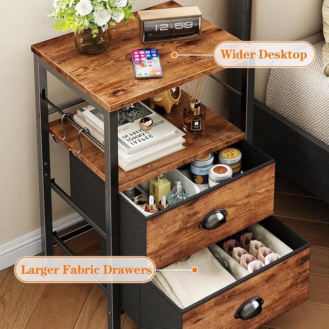 Furologee Nightstand with 2 Fabric Drawers, Night Stand with 2-Tier Shelf, Bedside Table with Hooks, Open Wooden Shelf, End Table for Bedroom, Backboard Design, Metal Frame, Rustic Brown