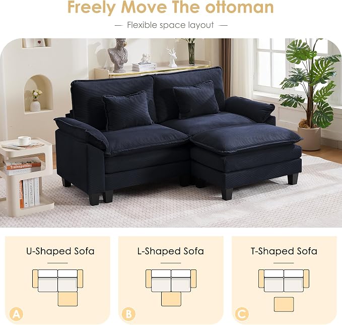 87" Corduroy Modular Sectional Sofa, Convertible L Shaped Modular Sofa Comfy Cloud Couch with Ottoman, Side Pockets and 2 Throw Pillows for Living Room, Blue, 3 Seats