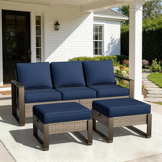 Joyside Outdoor Patio Sofa, 4 Pieces Wicker Rattan Furniture Set, 1 Patio Couch and 2 Ottoman, Metal Wide Armrest, Thick Cushions and Deep Seating for Garden, Backyard, Porch, Deck
