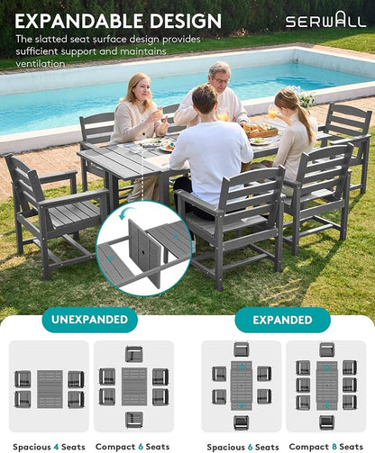 SERWALL Outdoor Expandable Dining Table 60" - 83", Grey | Patio Dining Table for 4-8 People, All Weather HDPE and Aluminum Outdoor Furniture