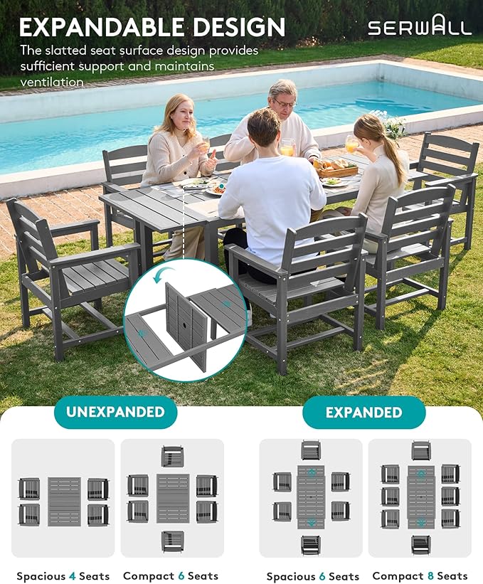 SERWALL 10-Piece Patio Dining Sets with 15FT Patio Umbrella, Grey | 60" - 83" Expandable Outdoor Dining Table and 8 HDPE Chairs, All Weather HDPE Outdoor Furniture Set