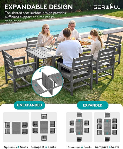 SERWALL 10-Piece Patio Dining Sets with 15FT Patio Umbrella, Grey | 60" - 83" Expandable Outdoor Dining Table and 8 HDPE Chairs, All Weather HDPE Outdoor Furniture Set