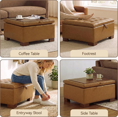 30 Inch Square Storage Ottoman Coffee Table, Modern Tufted Upholstered Ottoman with Flip Tray and Solid Wood Legs, Suitable for Living Rooms, Faux Leather Brown