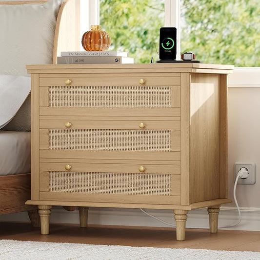 Keehusux 27.6" W Rattan Nightstand with 3 Drawers, Large Night Stand with Charging Station, Boho Bedside Table with Round Handles, Wooden End Table for Bedroom, Natural Oak