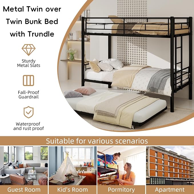 3-Way Convertible Twin over Twin Bunk Bed with Trundle, Metal Low Bunkbed for Kids Boys Girls, Guardrail & Ladders, Heavy Duty, No Box Spring Needed, Space-Saving, Easy Assembly (Black, With Trundle)