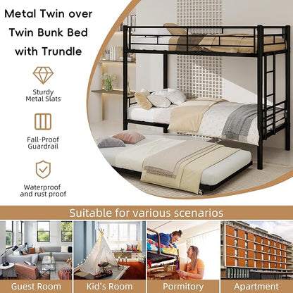 3-Way Convertible Twin over Twin Bunk Bed with Trundle, Metal Low Bunkbed for Kids Boys Girls, Guardrail & Ladders, Heavy Duty, No Box Spring Needed, Space-Saving, Easy Assembly (Black, With Trundle)