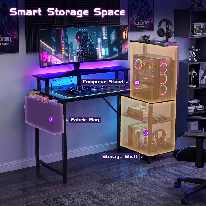 Apicizon 43 Inch Gaming Desk with LED Setup Style, Computer Desk with Storage Shelves & Monitor Stand, Reversible Workstation for Small Space, Home Office Desk Black