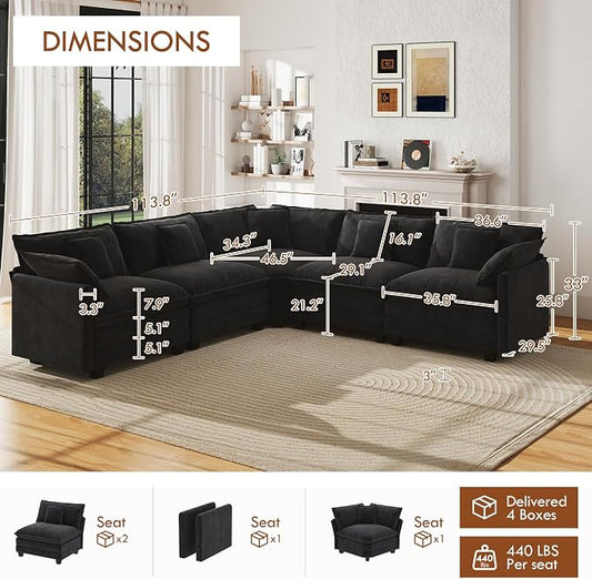 WorthFurni 114” Oversized Modular Sectional Sofa, 5-Seater V Shaped Cloud Couch Set, Comfy Chenille Deep Seat Sofa with 5 Throw Pillows, DIY Combination for Living Room (Black)