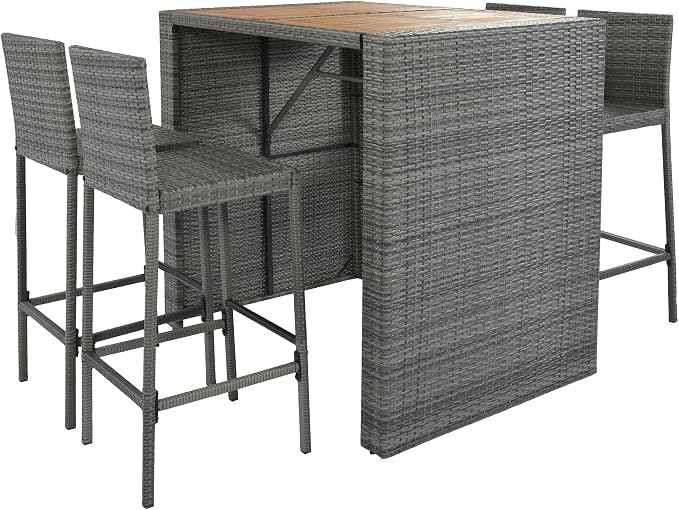 Quarte Modern 5-Piece Outdoor Patio Dining Set, Garden PE Rattan Wicker Bar Set, 4 Bar Height Chairs with Non-Slip Feet and Fixed Rope, Acacia Wood Table Top
