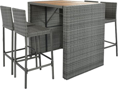 Quarte Modern 5-Piece Outdoor Patio Dining Set, Garden PE Rattan Wicker Bar Set, 4 Bar Height Chairs with Non-Slip Feet and Fixed Rope, Acacia Wood Table Top