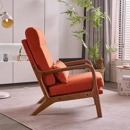 Karl home Accent Chair High Back Mid-Century Modern, Burnt Orange | Linen Fabric Upholstered, Walnut Color Solid Rubber Wood Frame, Soft Cushion with Pillow, For Living Room, Bedroom, Balcony
