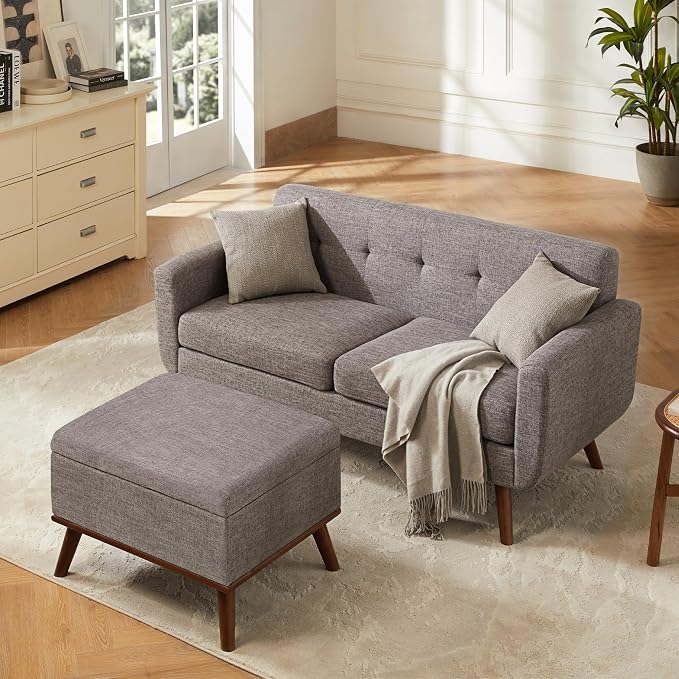 Tbfit 65" W Loveseat Sofa with Ottoman Coffee Table, Mid Century Modern Love Seat Couches for Living Room, Button Tufted Upholstered Small Couch for Bedroom,Easy to Install Love Seats Furniture, Gray | linen fabric