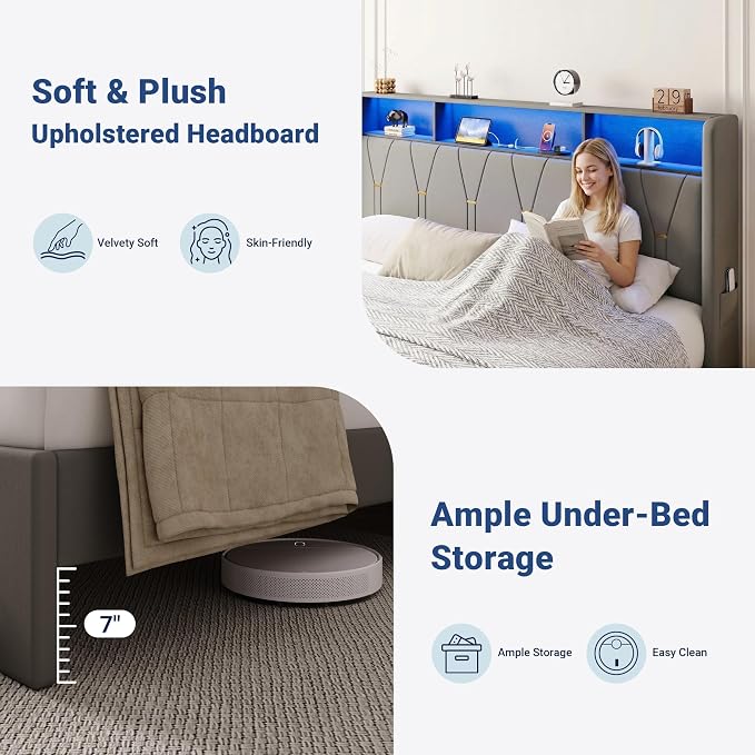 Allewie King Bed Frame with 2-Tier Storage Headboard, Charging Station & LED Lights, Velvet Upholstered Platform Bed with 2 Drawers, Wingback Headboard, Gold Button Tufted, No Box Spring Needed, Grey