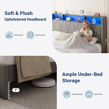 Allewie King Bed Frame with 2-Tier Storage Headboard, Charging Station & LED Lights, Velvet Upholstered Platform Bed with 2 Drawers, Wingback Headboard, Gold Button Tufted, No Box Spring Needed, Grey