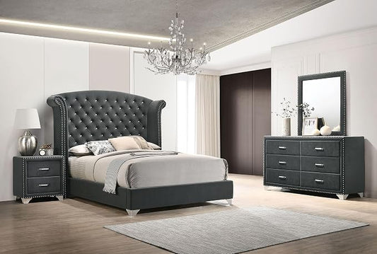 Coaster Home Furnishings Melody Modern Classic 4-Piece Bedroom Set Velvet Upholstered Eastern King Size Wingback Bed Frame 66-inch Headboard Grey 223381KE-S4