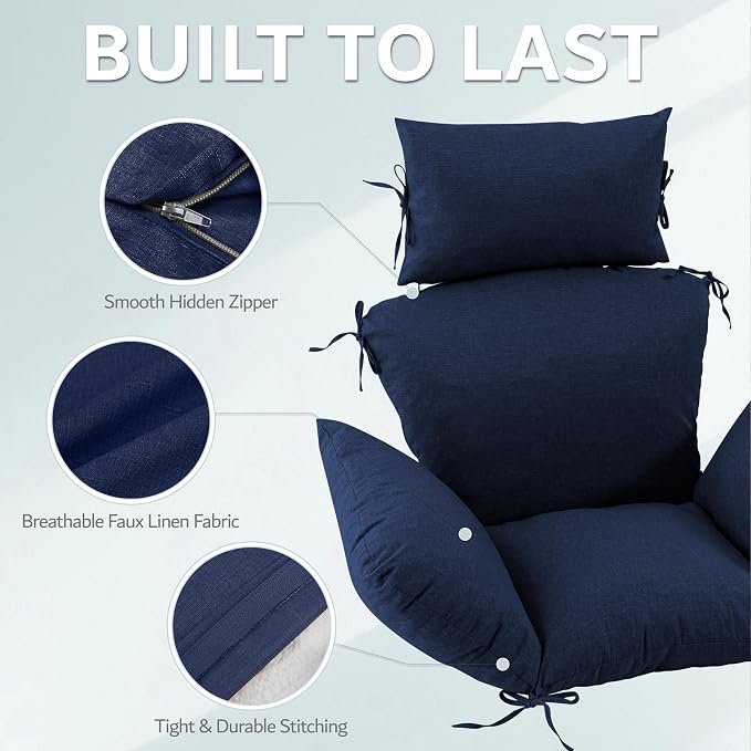 Egg Chair Cushion with 8 Securing Straps, Water-Repellent & Fade-Resistant Faux Linen, Removable Cover, Replacement Cushion for Most Single Outdoor Hanging Swing Egg Chairs – Navy
