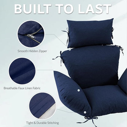 Egg Chair Cushion with 8 Securing Straps, Water-Repellent & Fade-Resistant Faux Linen, Removable Cover, Replacement Cushion for Most Single Outdoor Hanging Swing Egg Chairs – Navy
