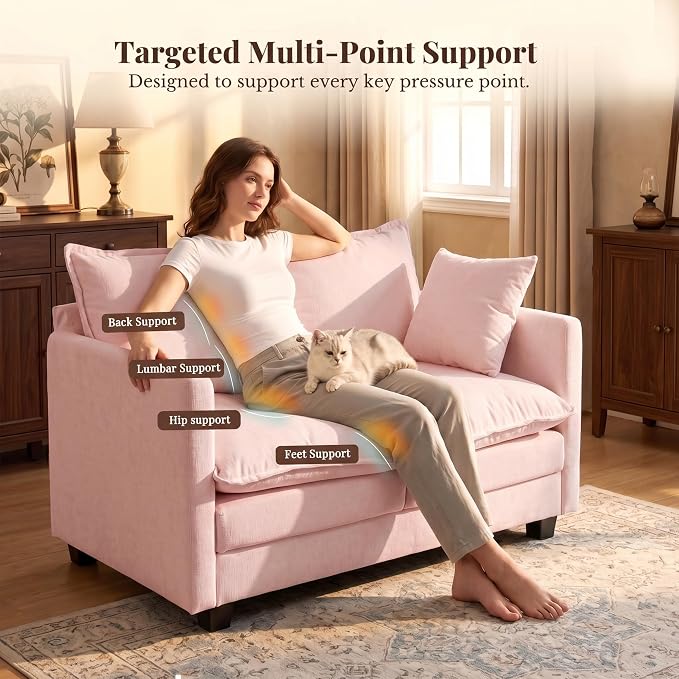Loveseat Sofa with Cloud 3-Layer Cushion & 27" Deep Seat, Modern Love Seat Small Couch with 2 Washable Pillows for Small Spaces, Bedroom, Apartment, Office, Living Room, in a Box, 50-Inch Blush Pink