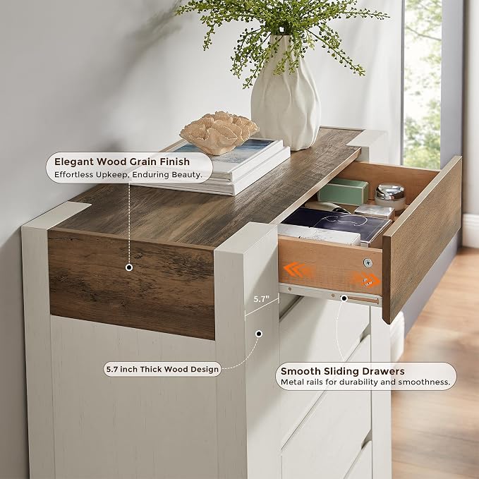 OKD 5 Drawer Dresser for Bedroom, 48" Tall Dresser Chest of Drawers with Thick Wood Design, Handleless, Modern Bedroom Dresser, Storage Organizer for Living Room/Entryway, Antique White