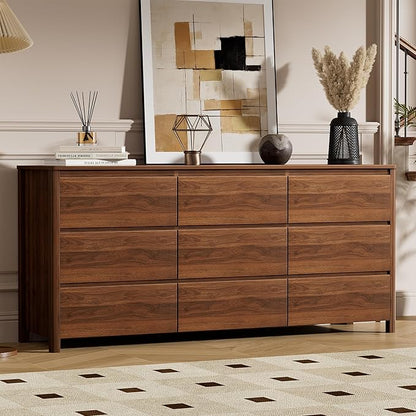 Furniway 63" Mid-Century Modern Dresser for Bedroom, 9 Drawer Wide Chest of Drawers with Wood Legs, Large Storage Bedroom Dresser, Walnut