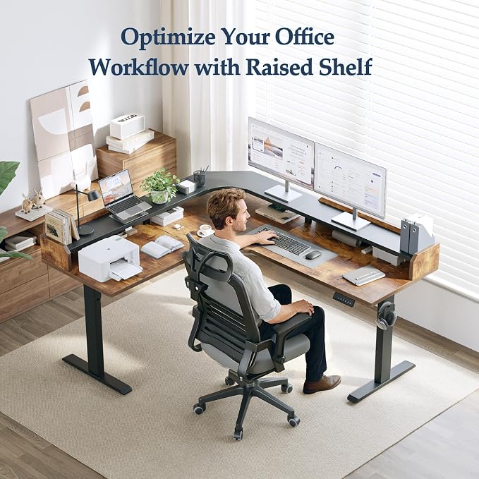 Klicelor L Shaped Electric Standing Desk 63 x 55 inch with Shelf, Height Adjustable Corner Desk, Sit Stand Desk with Storage Shelf, Home Office Computer Table, Rustic Brown