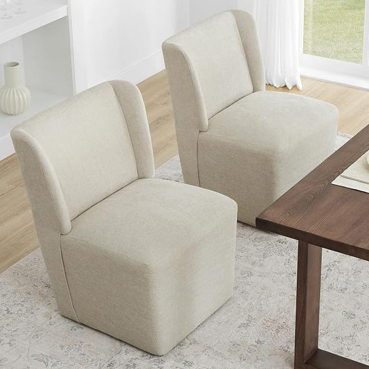 KISLOT Upholstered Dining Chairs Set of 2 with Casters, Wingback Modern Side Armless Deskchair with Rollers for Diningroom Bedroom Livingroom Reading Room, Cream Beige Fabric