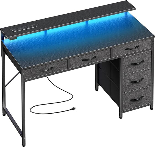 Huuger Gaming Desk with 6 Drawers, Computer Desk with LED Lights Power Outlets and Type-C, 39 Inch Office Desk with Storage, Monitor Stand, Writing Desk Work Desk Home Office, Bedroom, Black, 1CD100B