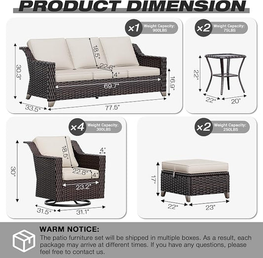 Joyside Wicker Patio Furniture Sets, 9 Pieces Upgraded Large Size Outdoor Furniture with 4 Swivel Rocking Patio Chairs, 3-Seat Sofa, Outdoor Ottoman, Thick Cushions, Wide Armrest, Beige