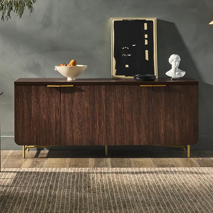 Walker Edison Reema Fluted 4-Door Kitchen Sideboard Buffet Console, 69 Inch, Gold,Dark Walnut
