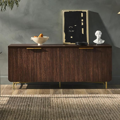 Walker Edison Reema Fluted 4-Door Kitchen Sideboard Buffet Console, 69 Inch, Gold,Dark Walnut