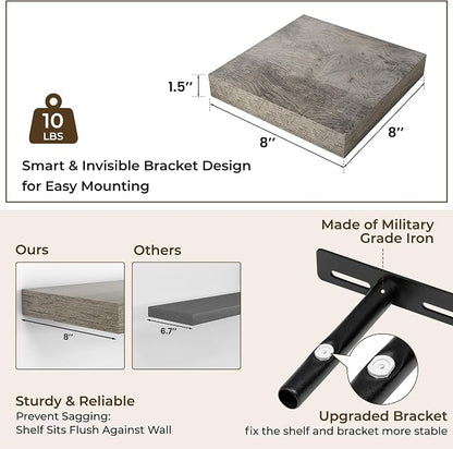 RICHFOCUS 8 Inch Floating Shelves for Wall Small Square Shelves Set for Bedroom|Kitchen|Bathroom|Laundry Room Rustic Wood Wall Mounted Shelf with Invisible Brackets for Books|Storage|Decor, Grey